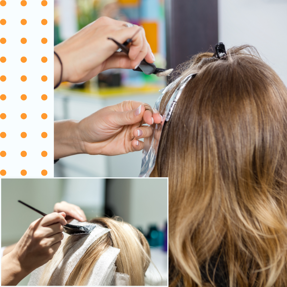 A woman sits in a salon chair, having her hair styled by a professional hairstylist.