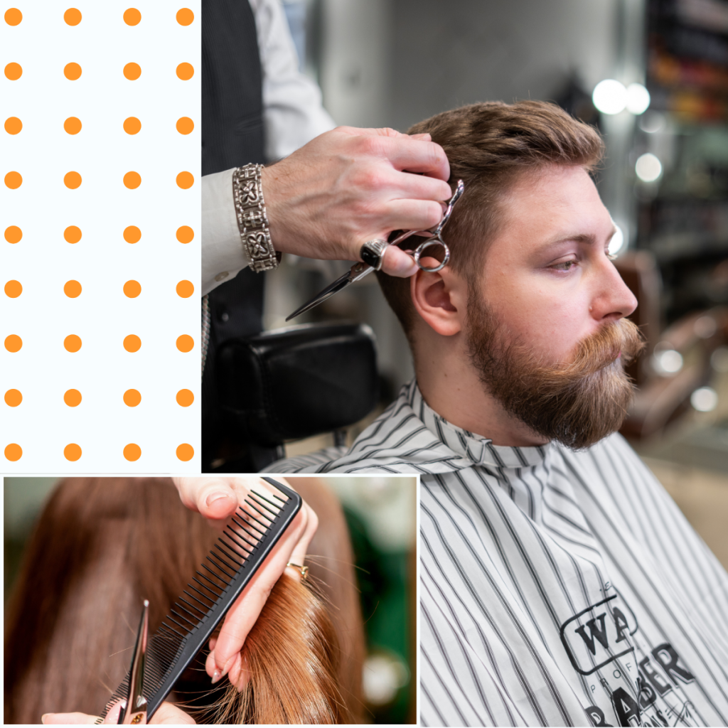 A barber cuts the man and woman's hair with sharp scissors and barber's comb.